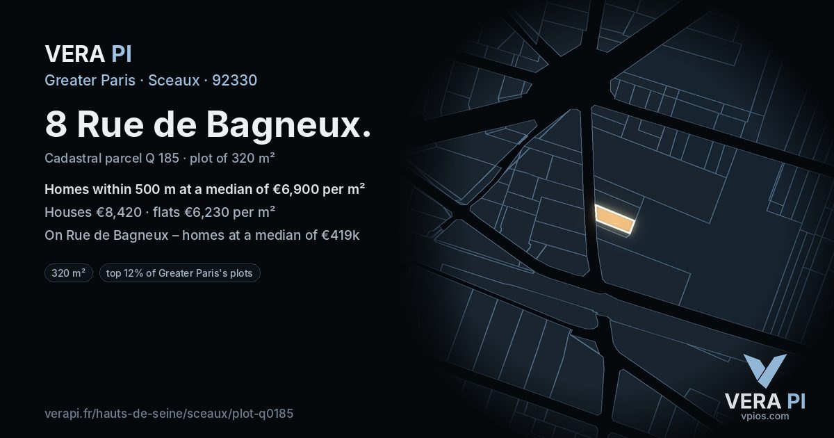8 Rue de Bagneux, Sceaux at night – the plot lit, the parcels around coloured by the prices near them