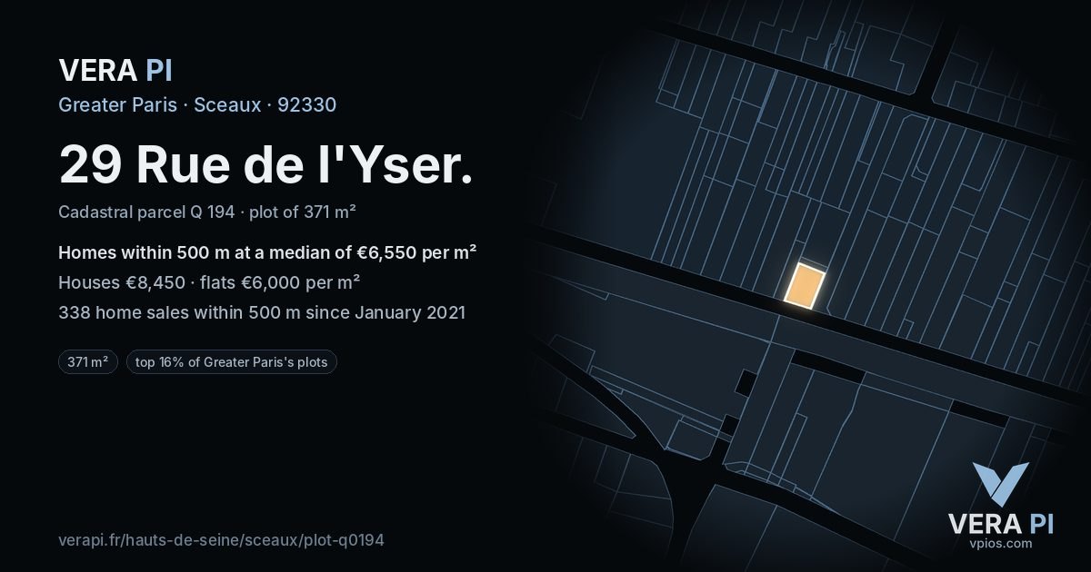 29 Rue de l'Yser, Sceaux at night – the plot lit, the parcels around coloured by the prices near them
