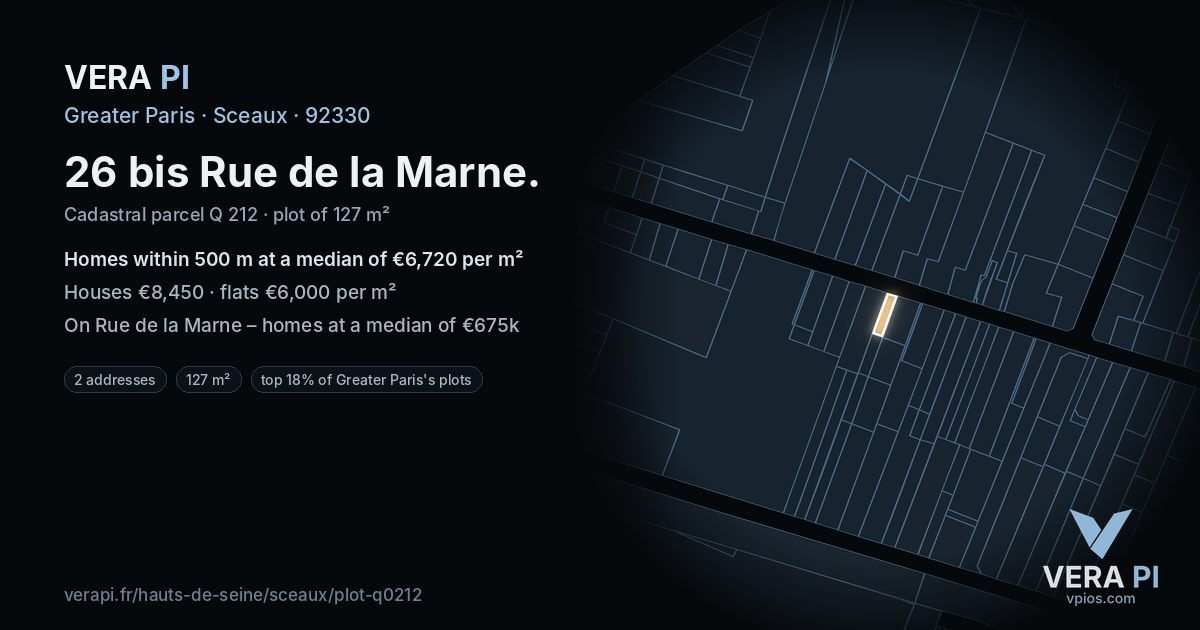 26 bis Rue de la Marne, Sceaux at night – the plot lit, the parcels around coloured by the prices near them
