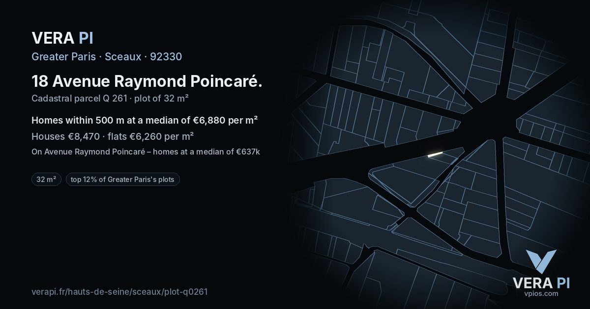18 Avenue Raymond Poincaré, Sceaux at night – the plot lit, the parcels around coloured by the prices near them