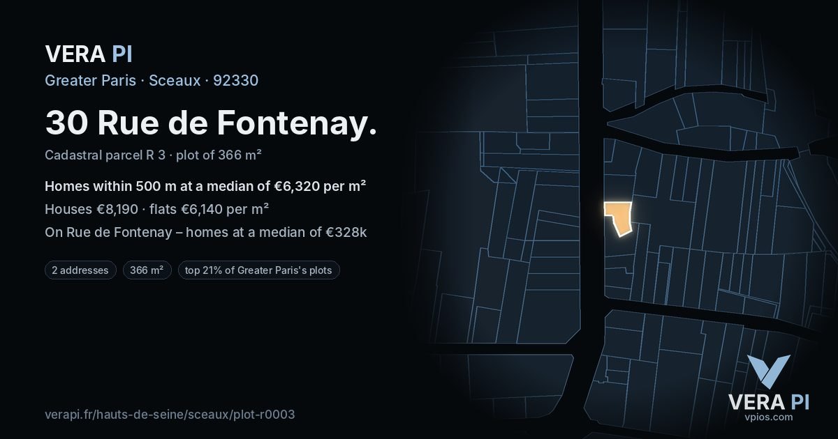 30 Rue de Fontenay, Sceaux at night – the plot lit, the parcels around coloured by the prices near them