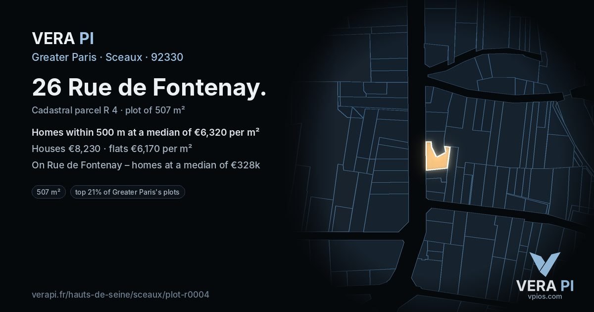 26 Rue de Fontenay, Sceaux at night – the plot lit, the parcels around coloured by the prices near them