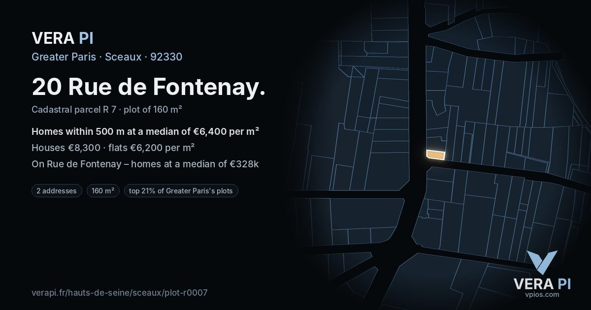 20 Rue de Fontenay, Sceaux at night – the plot lit, the parcels around coloured by the prices near them
