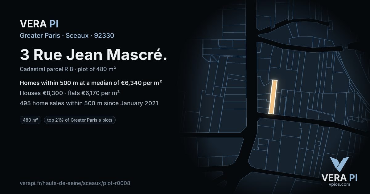 3 Rue Jean Mascré, Sceaux at night – the plot lit, the parcels around coloured by the prices near them