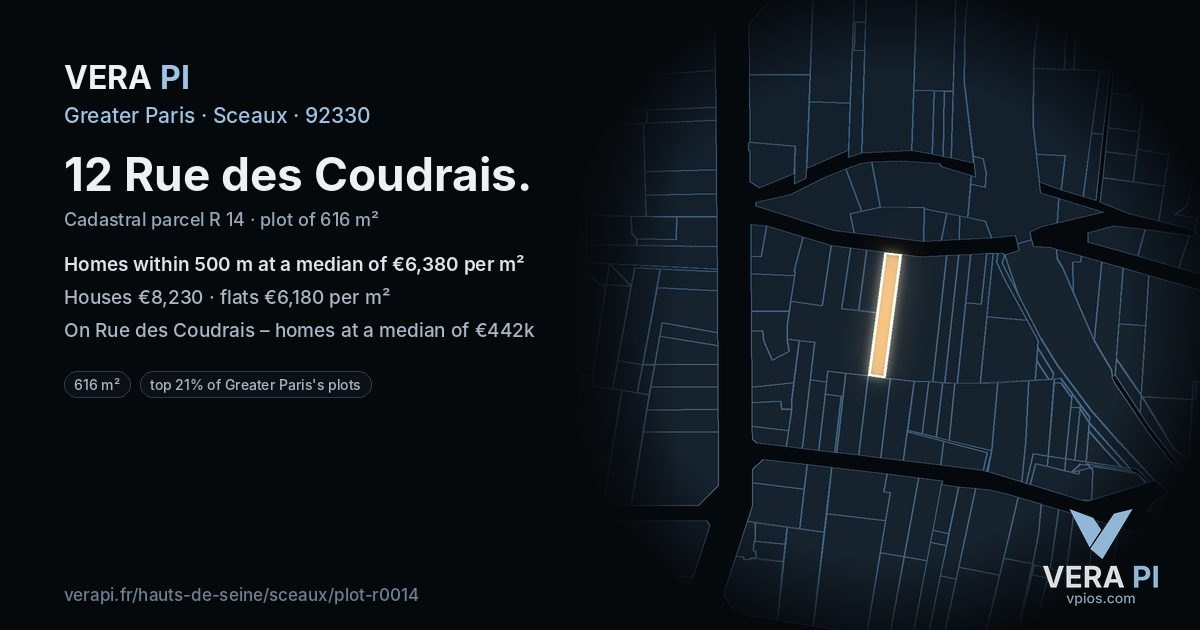 12 Rue des Coudrais, Sceaux at night – the plot lit, the parcels around coloured by the prices near them