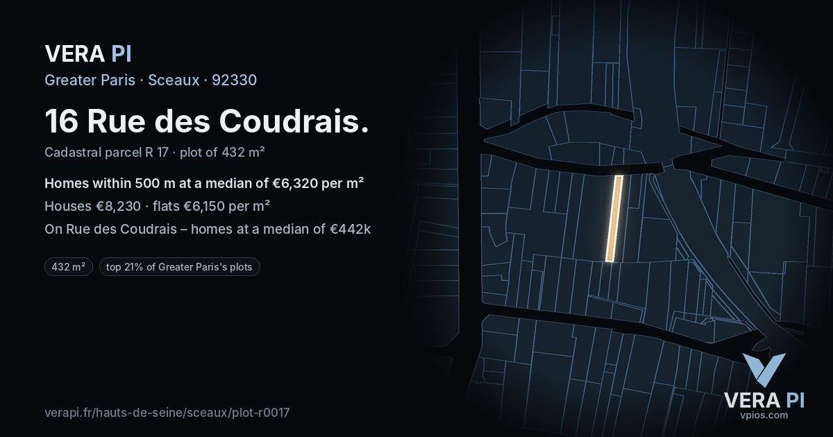 16 Rue des Coudrais, Sceaux at night – the plot lit, the parcels around coloured by the prices near them
