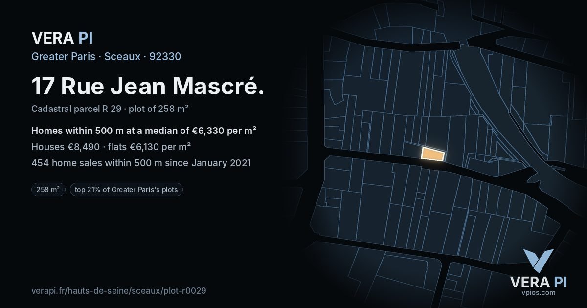 17 Rue Jean Mascré, Sceaux at night – the plot lit, the parcels around coloured by the prices near them