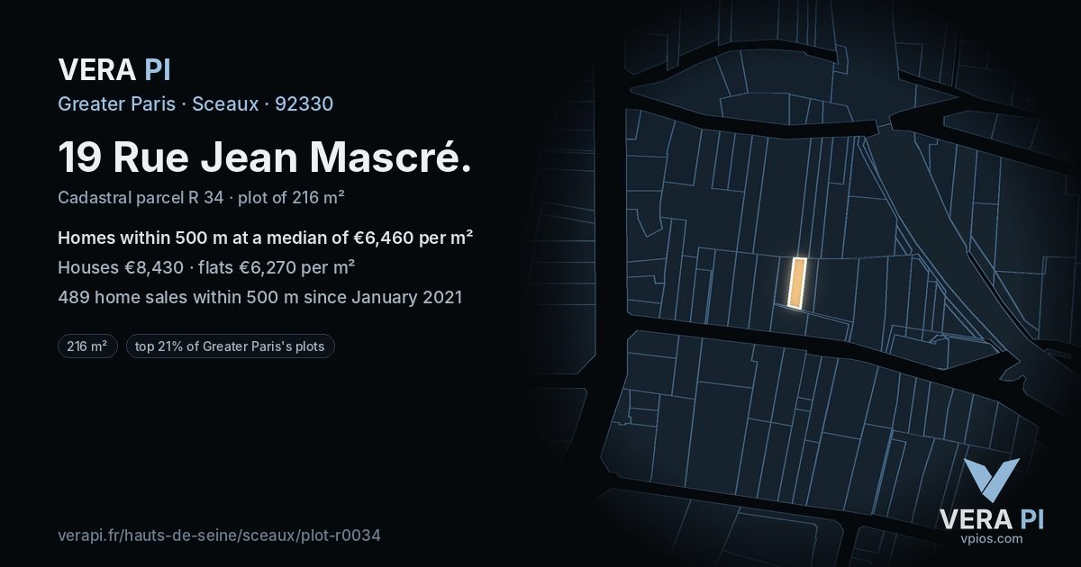 19 Rue Jean Mascré, Sceaux at night – the plot lit, the parcels around coloured by the prices near them