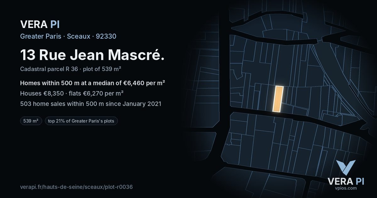 13 Rue Jean Mascré, Sceaux at night – the plot lit, the parcels around coloured by the prices near them