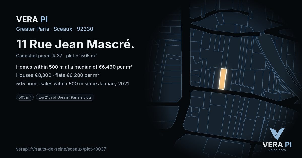 11 Rue Jean Mascré, Sceaux at night – the plot lit, the parcels around coloured by the prices near them