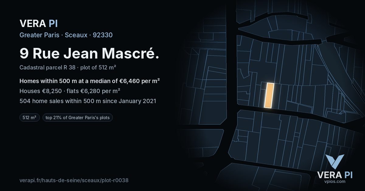 9 Rue Jean Mascré, Sceaux at night – the plot lit, the parcels around coloured by the prices near them