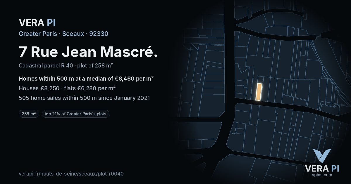 7 Rue Jean Mascré, Sceaux at night – the plot lit, the parcels around coloured by the prices near them
