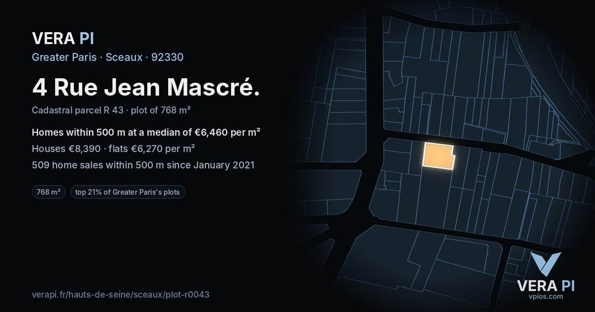 4 Rue Jean Mascré, Sceaux at night – the plot lit, the parcels around coloured by the prices near them