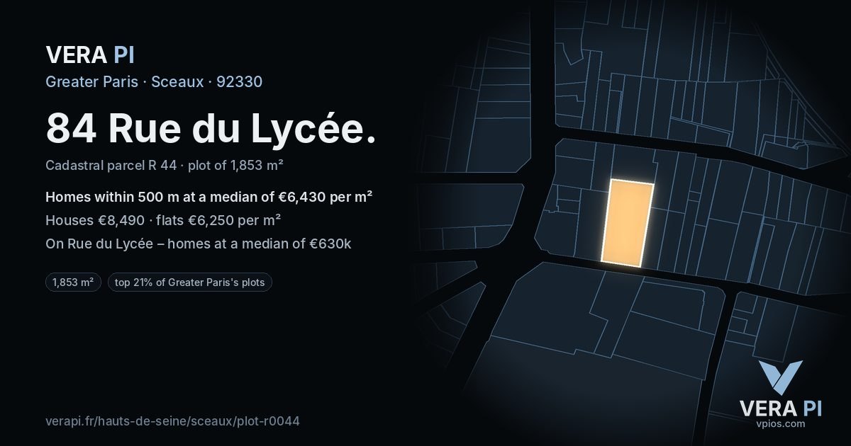 84 Rue du Lycée, Sceaux at night – the plot lit, the parcels around coloured by the prices near them