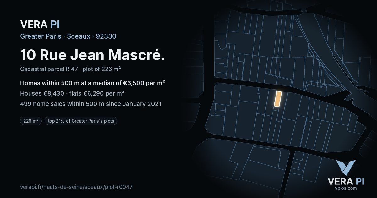 10 Rue Jean Mascré, Sceaux at night – the plot lit, the parcels around coloured by the prices near them