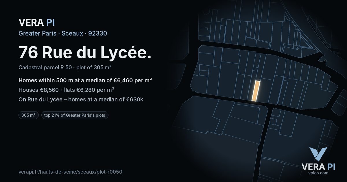 76 Rue du Lycée, Sceaux at night – the plot lit, the parcels around coloured by the prices near them