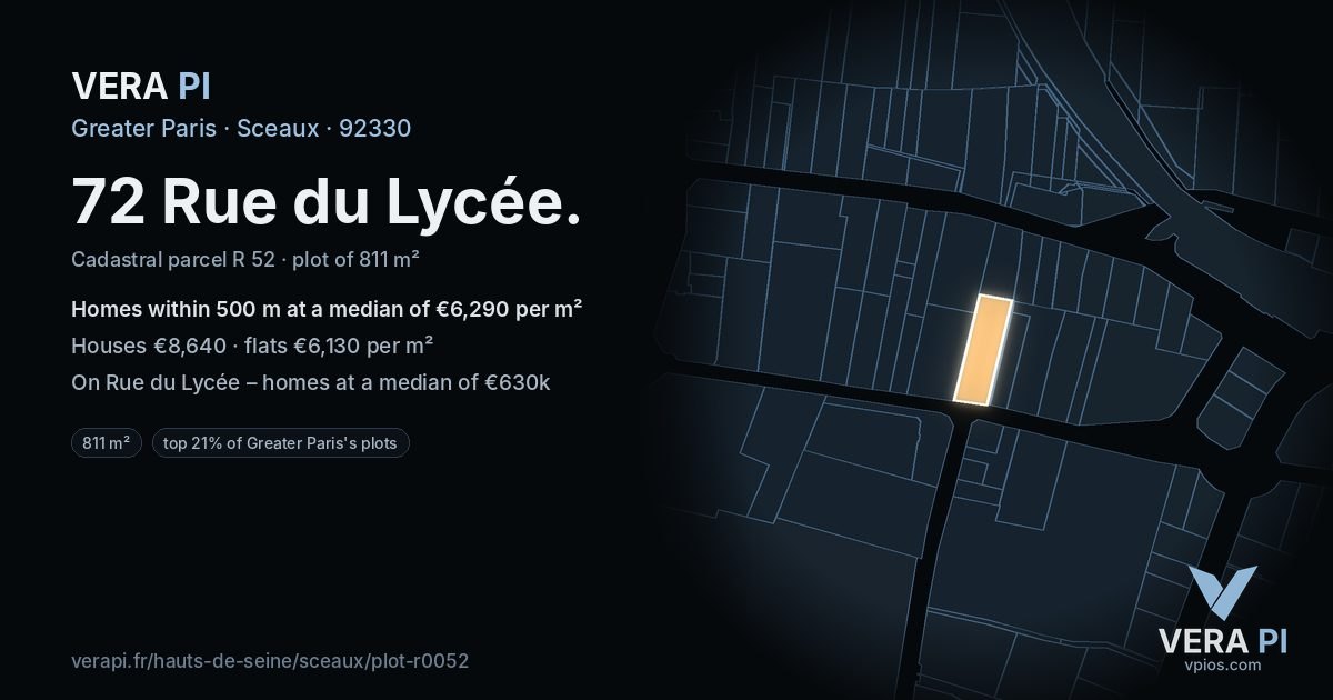 72 Rue du Lycée, Sceaux at night – the plot lit, the parcels around coloured by the prices near them