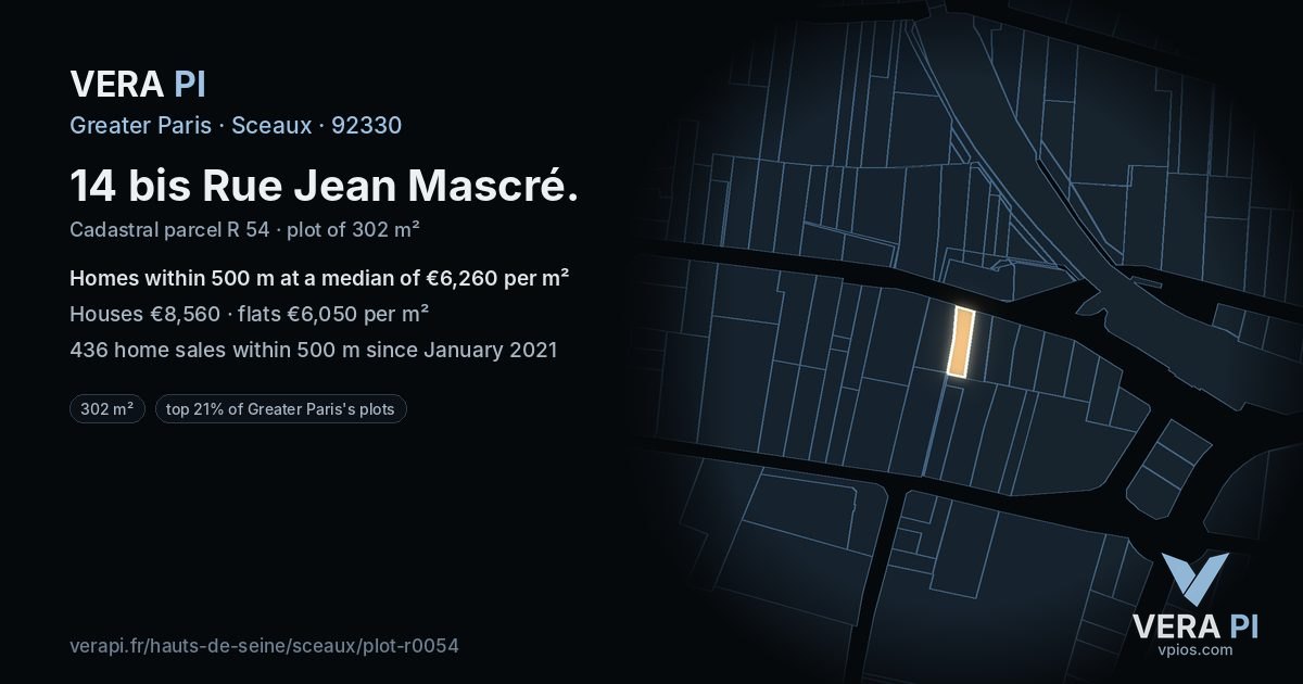 14 bis Rue Jean Mascré, Sceaux at night – the plot lit, the parcels around coloured by the prices near them