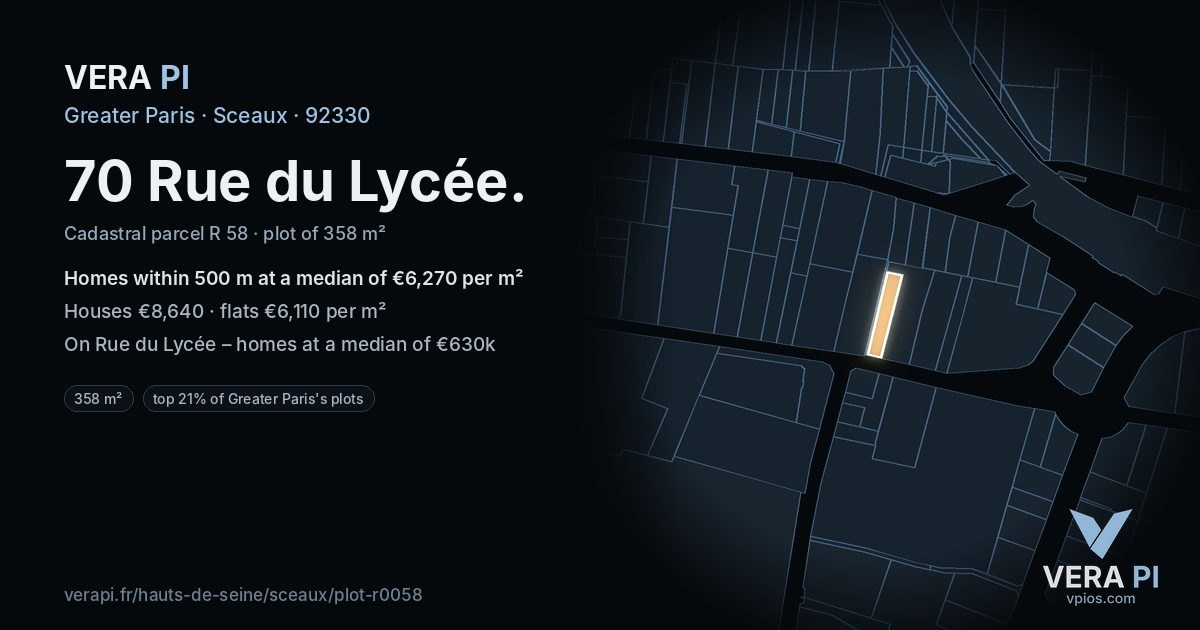 70 Rue du Lycée, Sceaux at night – the plot lit, the parcels around coloured by the prices near them