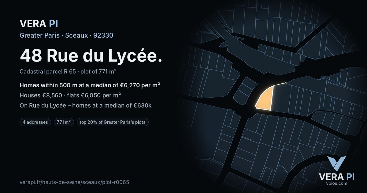 48 Rue du Lycée, Sceaux at night – the plot lit, the parcels around coloured by the prices near them