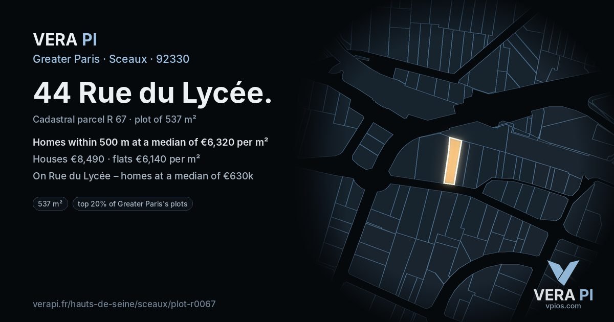 44 Rue du Lycée, Sceaux at night – the plot lit, the parcels around coloured by the prices near them