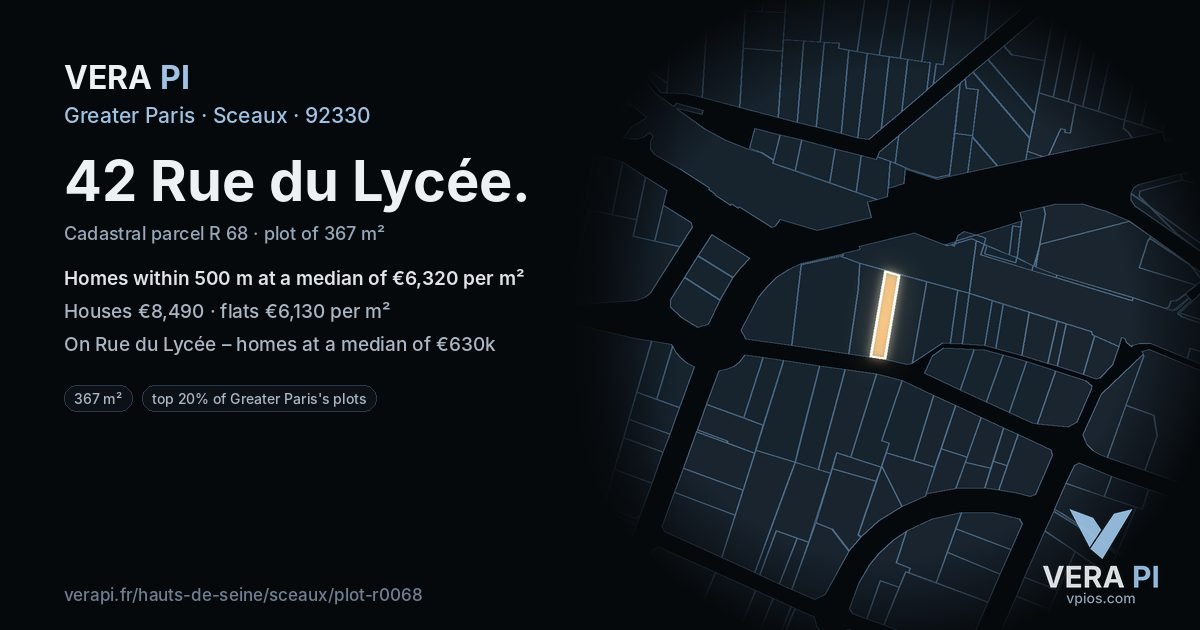 42 Rue du Lycée, Sceaux at night – the plot lit, the parcels around coloured by the prices near them
