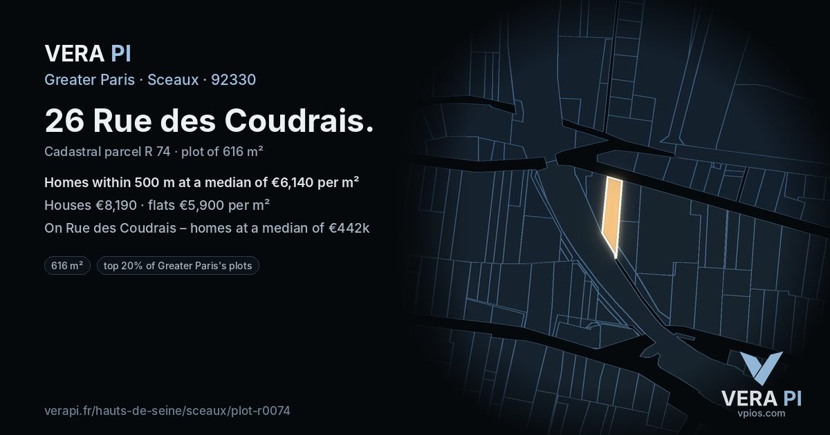 26 Rue des Coudrais, Sceaux at night – the plot lit, the parcels around coloured by the prices near them