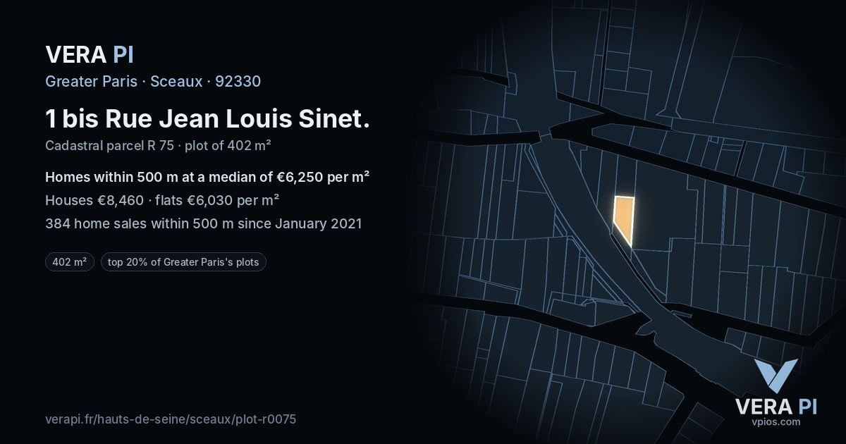 1 bis Rue Jean Louis Sinet, Sceaux at night – the plot lit, the parcels around coloured by the prices near them
