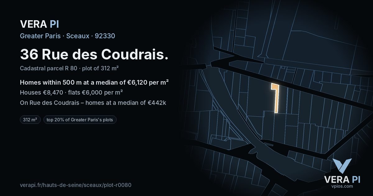 36 Rue des Coudrais, Sceaux at night – the plot lit, the parcels around coloured by the prices near them
