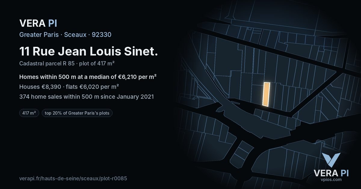 11 Rue Jean Louis Sinet, Sceaux at night – the plot lit, the parcels around coloured by the prices near them