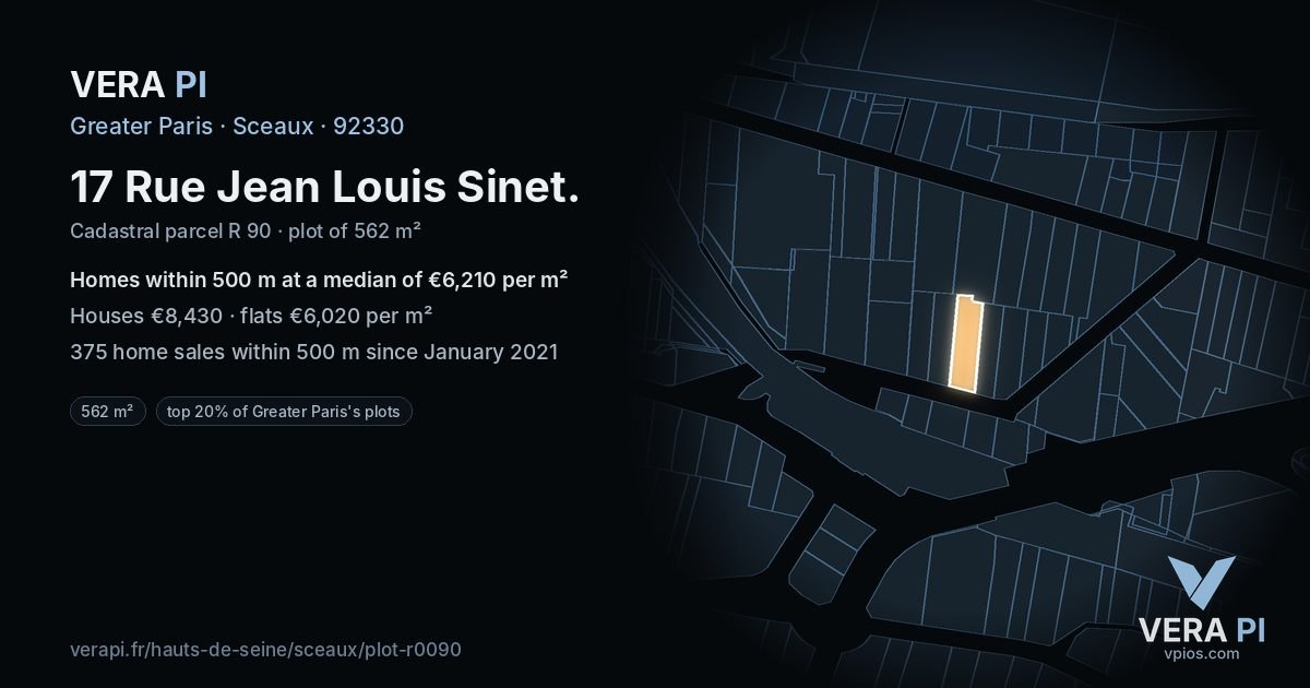 17 Rue Jean Louis Sinet, Sceaux at night – the plot lit, the parcels around coloured by the prices near them