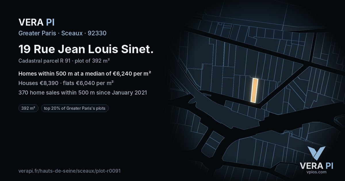 19 Rue Jean Louis Sinet, Sceaux at night – the plot lit, the parcels around coloured by the prices near them