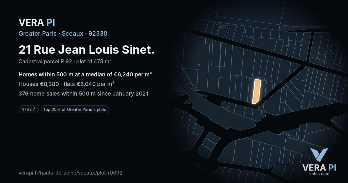 21 Rue Jean Louis Sinet, Sceaux at night – the plot lit, the parcels around coloured by the prices near them