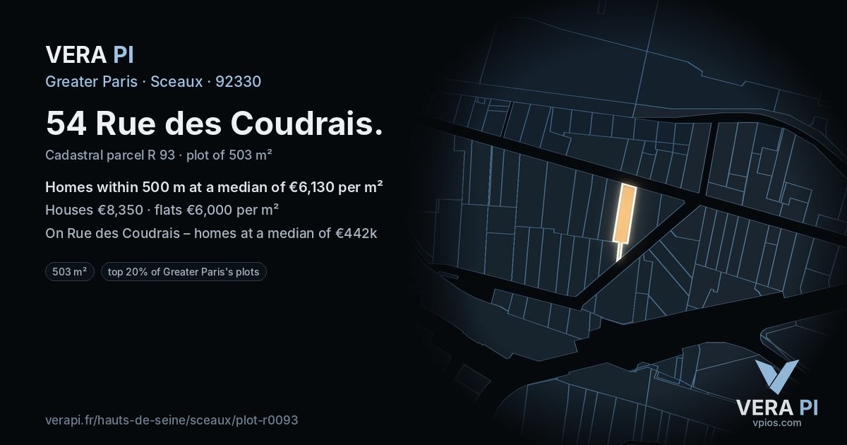54 Rue des Coudrais, Sceaux at night – the plot lit, the parcels around coloured by the prices near them