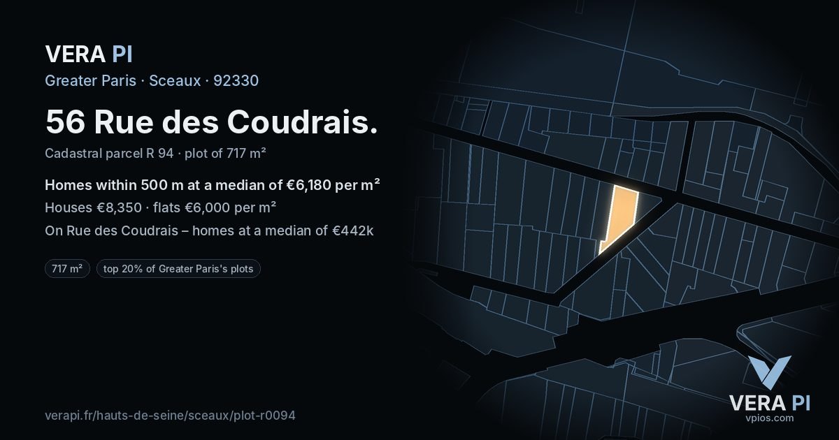 56 Rue des Coudrais, Sceaux at night – the plot lit, the parcels around coloured by the prices near them