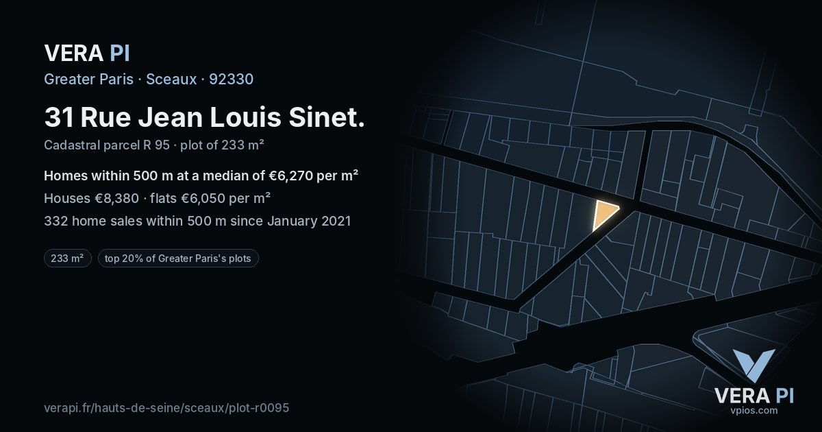 31 Rue Jean Louis Sinet, Sceaux at night – the plot lit, the parcels around coloured by the prices near them