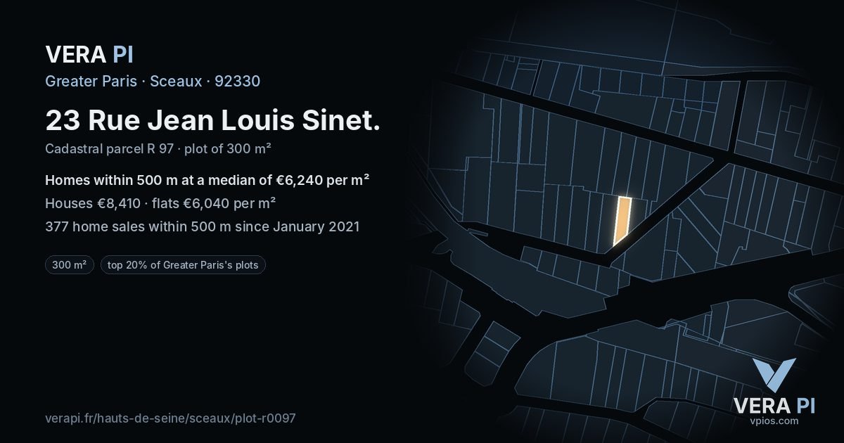 23 Rue Jean Louis Sinet, Sceaux at night – the plot lit, the parcels around coloured by the prices near them