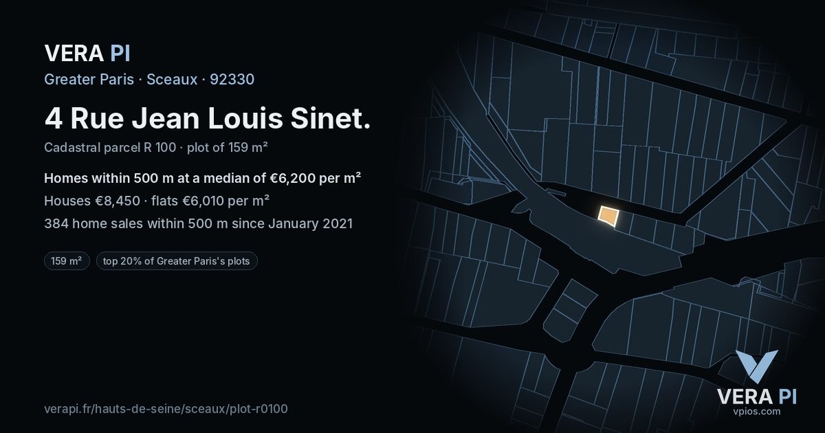 4 Rue Jean Louis Sinet, Sceaux at night – the plot lit, the parcels around coloured by the prices near them