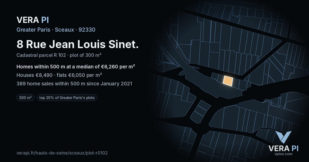 8 Rue Jean Louis Sinet, Sceaux at night – the plot lit, the parcels around coloured by the prices near them