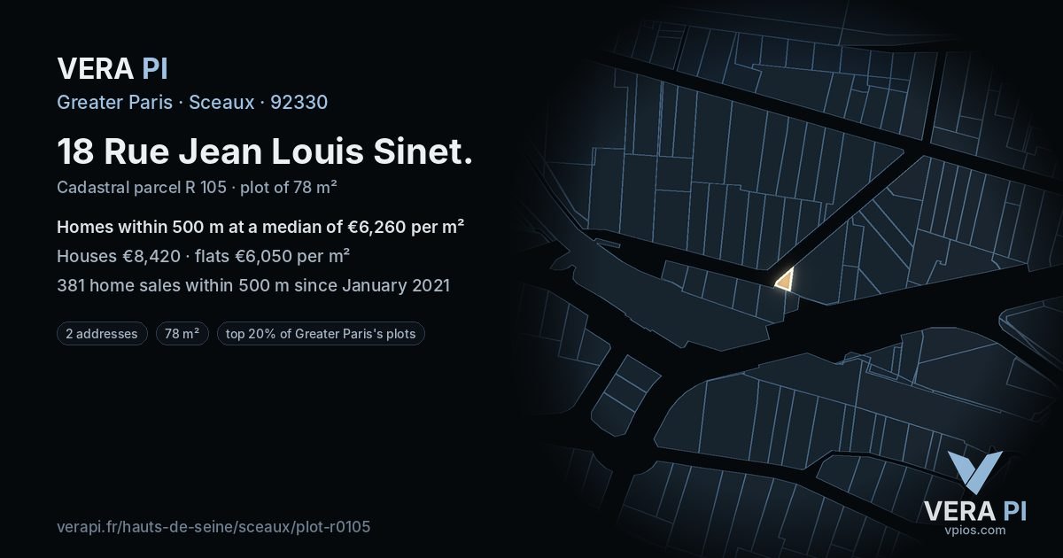 18 Rue Jean Louis Sinet, Sceaux at night – the plot lit, the parcels around coloured by the prices near them
