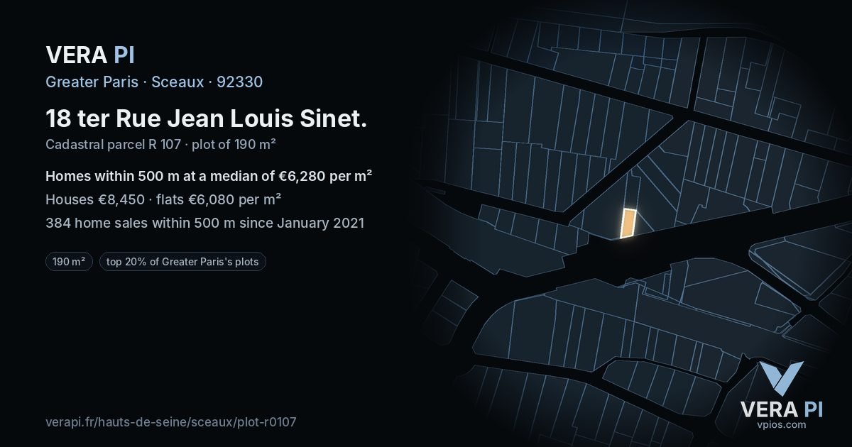 18 ter Rue Jean Louis Sinet, Sceaux at night – the plot lit, the parcels around coloured by the prices near them