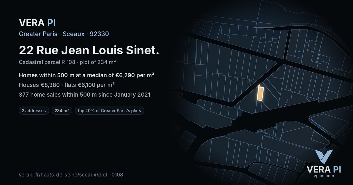 22 Rue Jean Louis Sinet, Sceaux at night – the plot lit, the parcels around coloured by the prices near them
