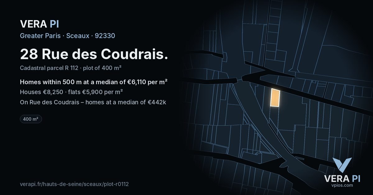 28 Rue des Coudrais, Sceaux at night – the plot lit, the parcels around coloured by the prices near them