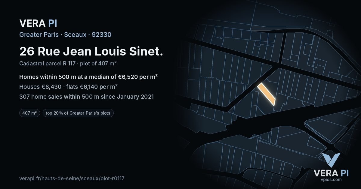 26 Rue Jean Louis Sinet, Sceaux at night – the plot lit, the parcels around coloured by the prices near them