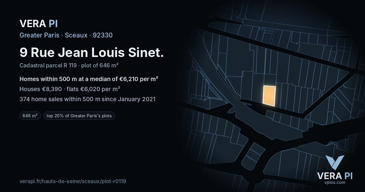 9 Rue Jean Louis Sinet, Sceaux at night – the plot lit, the parcels around coloured by the prices near them