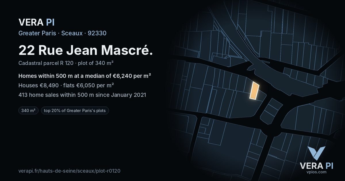 22 Rue Jean Mascré, Sceaux at night – the plot lit, the parcels around coloured by the prices near them