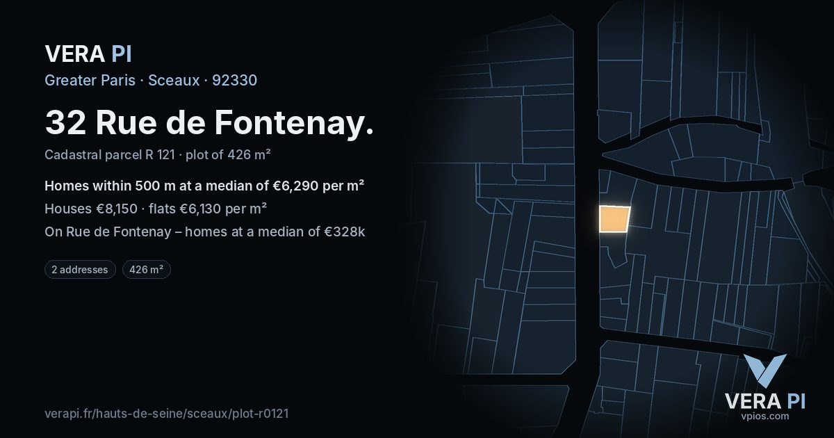 32 Rue de Fontenay, Sceaux at night – the plot lit, the parcels around coloured by the prices near them