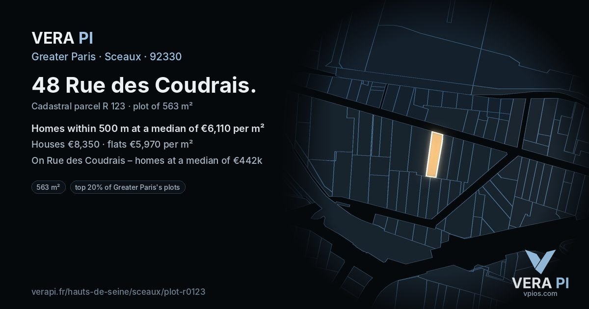 48 Rue des Coudrais, Sceaux at night – the plot lit, the parcels around coloured by the prices near them