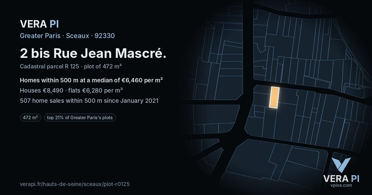 2 bis Rue Jean Mascré, Sceaux at night – the plot lit, the parcels around coloured by the prices near them