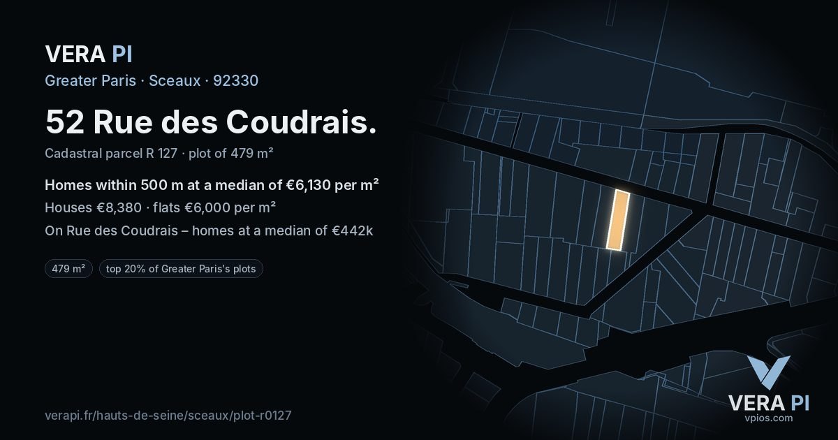 52 Rue des Coudrais, Sceaux at night – the plot lit, the parcels around coloured by the prices near them